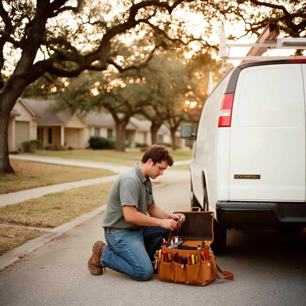 A plumber kneeling beside a service truck at golden hour in an Austin residential street