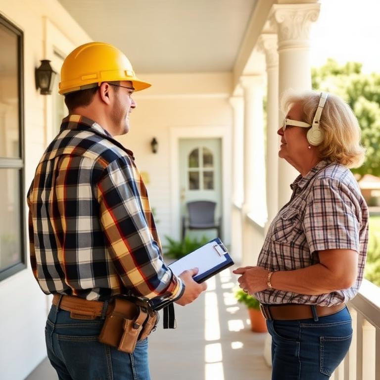 Plumber chatting with a long-time customer on her front porch