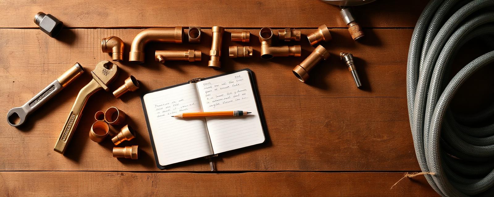 Copper fittings, brass wrench and a notebook laid out on a workbench