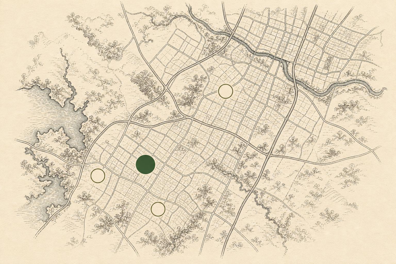 Hand-drawn map of South Austin showing 78745 home base and neighboring ZIPs