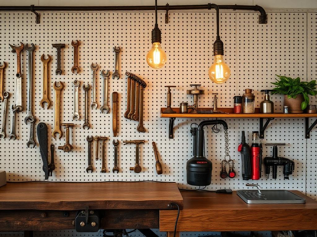 Inside the Abundant Plumbing shop — pegboard wall of wrenches and a wooden workbench