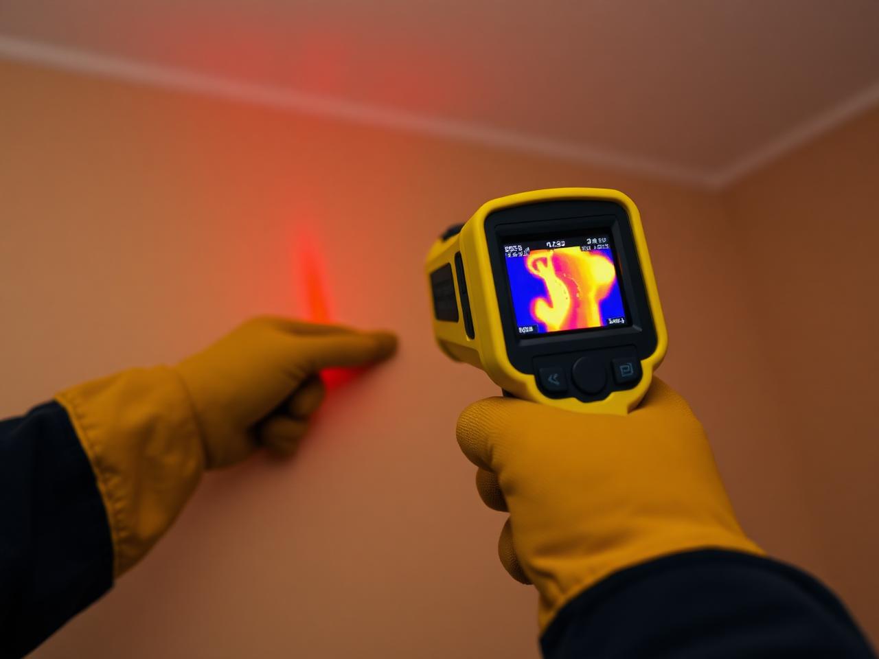Plumber using a thermal imaging camera to detect a hidden water leak behind a wall