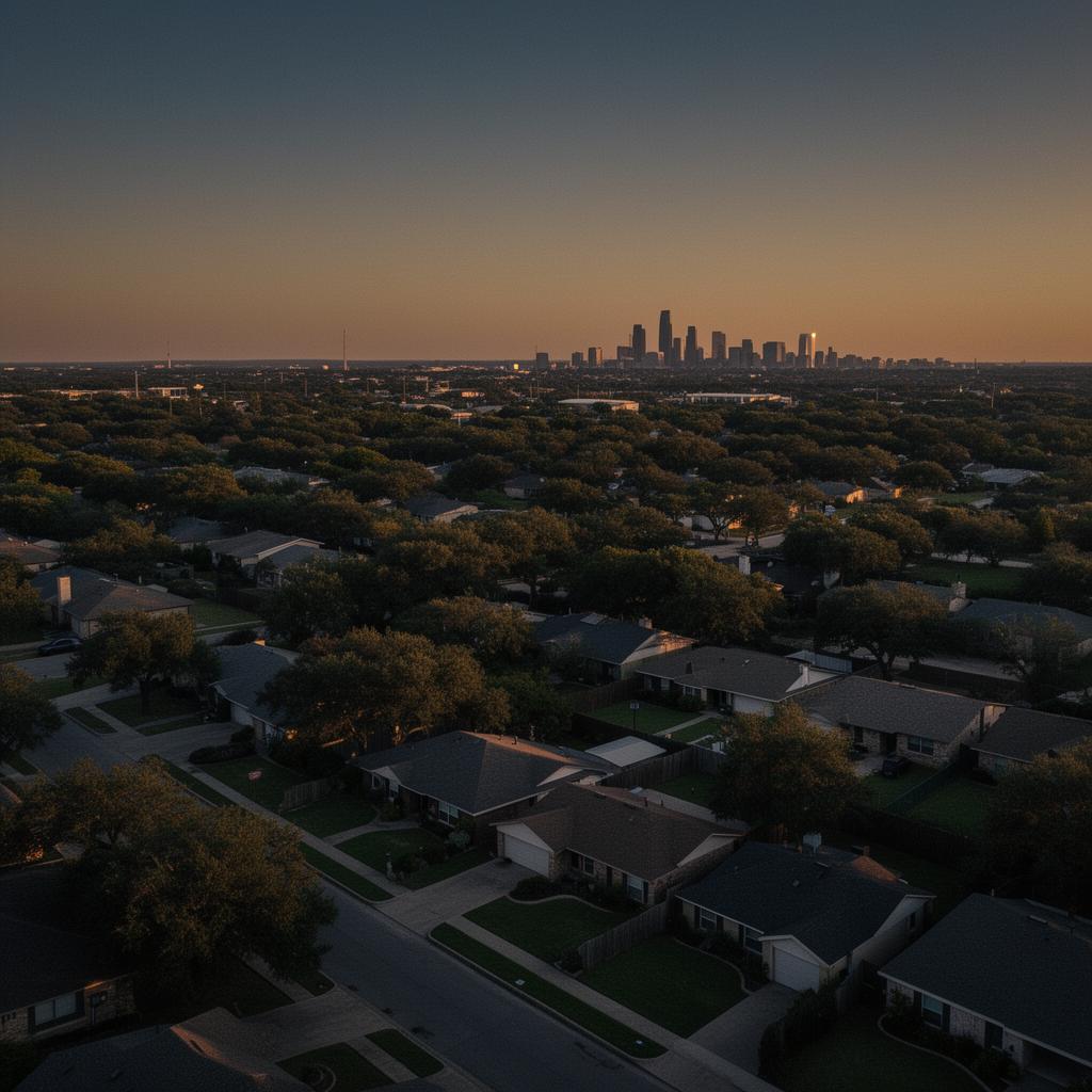 Aerial view of a North Austin Texas neighborhood at golden hour with the downtown skyline on the horizon