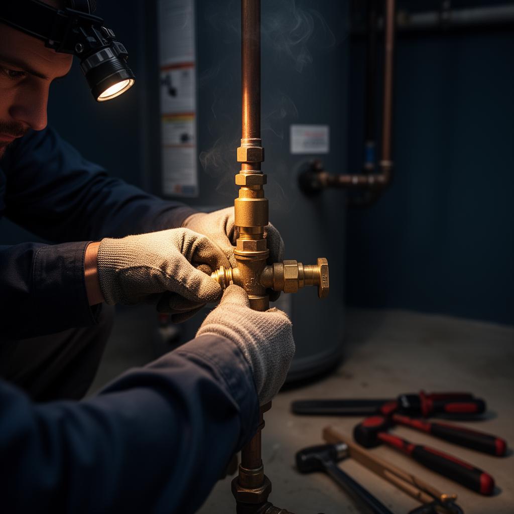 Close-up of a plumber tightening a brass fitting on a residential water heater