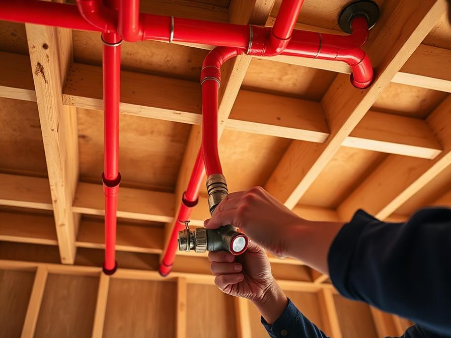 Fresh red PEX pipes neatly run along ceiling joists during a whole-house repipe
