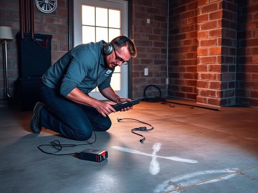 Plumber using acoustic leak detection equipment to locate a slab leak in a garage