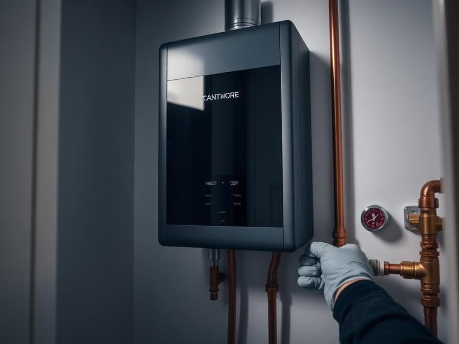 Wall-mounted tankless water heater being installed in a clean utility closet