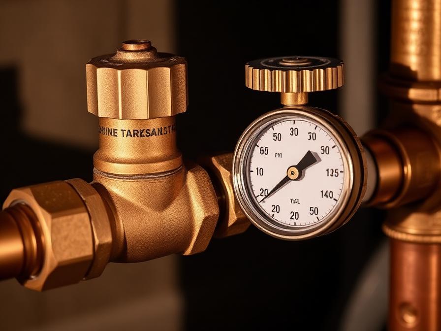 Brass pressure-reducing valve and gauge installed on a copper main water line