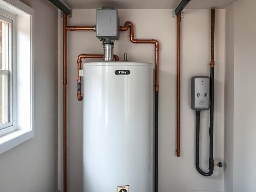 Newly installed residential gas tank water heater with neat copper supply lines