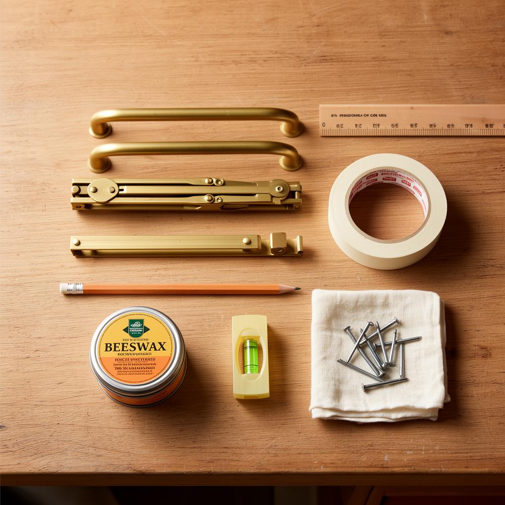 Brass hardware, ruler, level and finishing tools arranged on a warm oak workbench