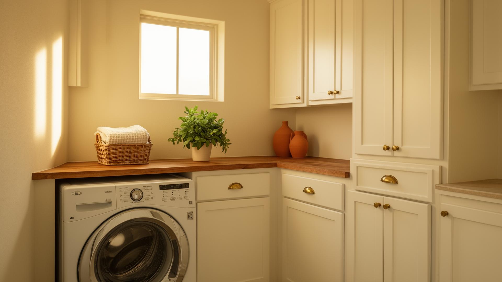 Finished Katy laundry room with white shaker cabinets, butcher block, and warm morning light