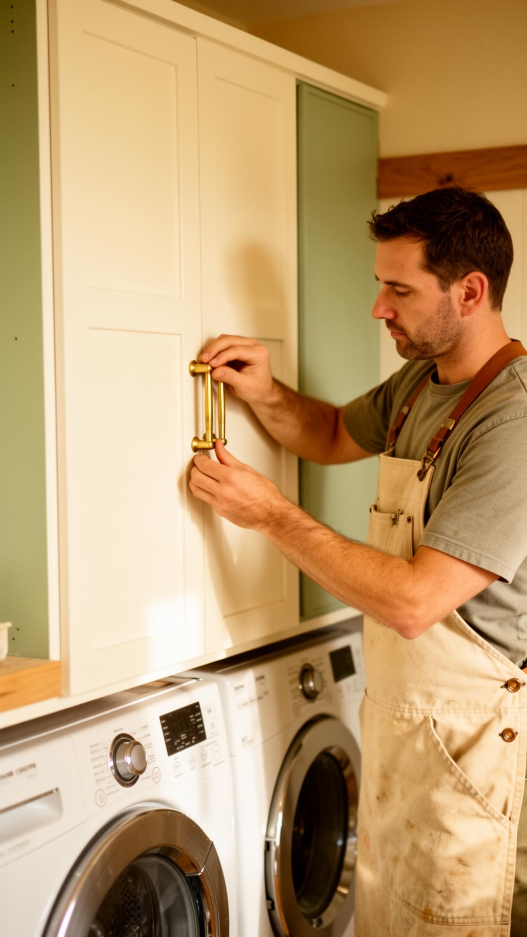 Anthony installing brass hardware on white shaker cabinets in a Katy laundry room