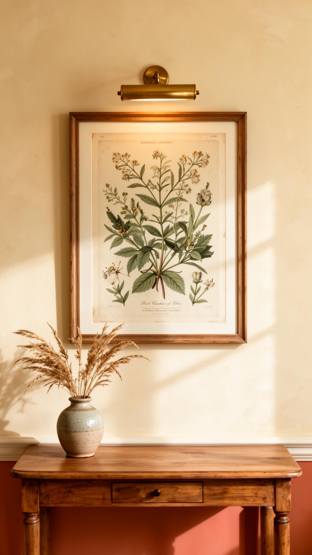 Vintage botanical print mounted perfectly level above an oak console