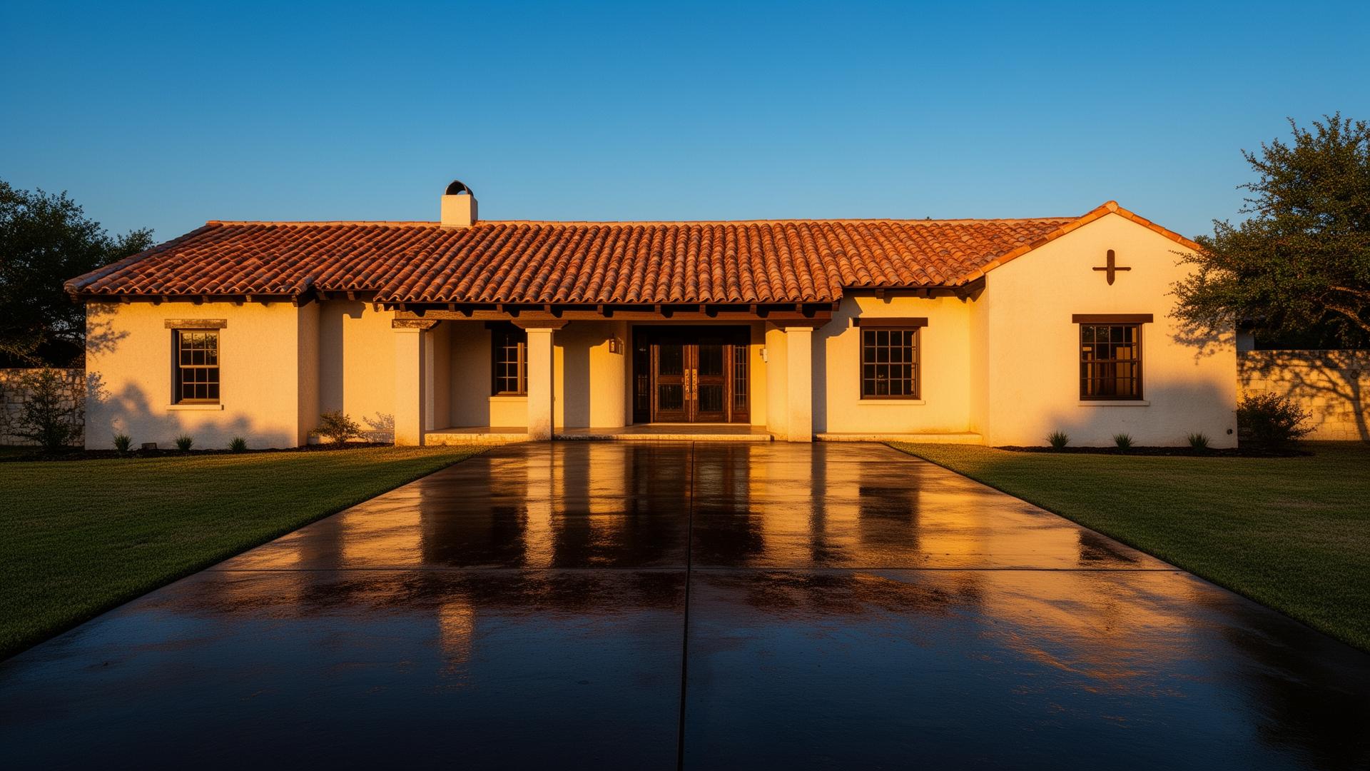 Spanish-mission home with freshly cleaned driveway in San Antonio