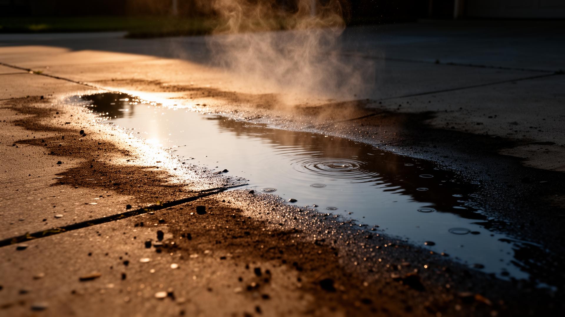 Pressure-washed driveway with golden hour reflections in San Antonio