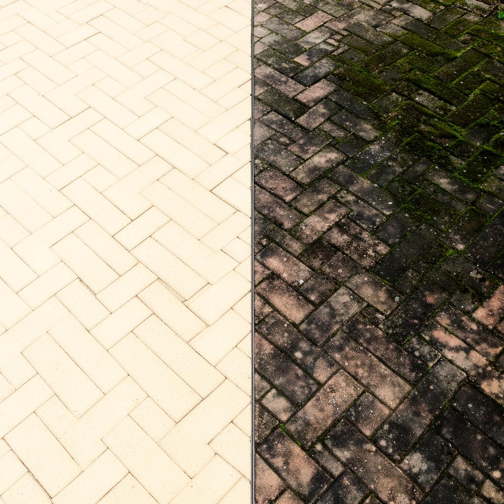 Brick paver patio half cleaned