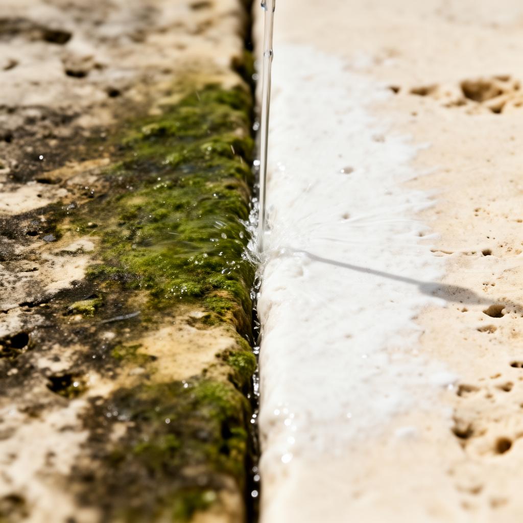 Clean pressure washing waterline on limestone