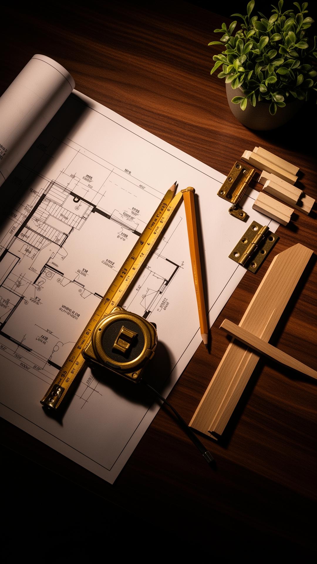 Planning desk with blueprints, tape measure and trim samples