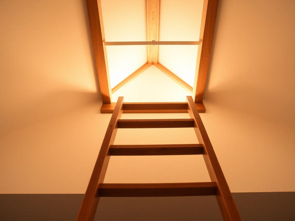 Wooden attic ladder with warm light