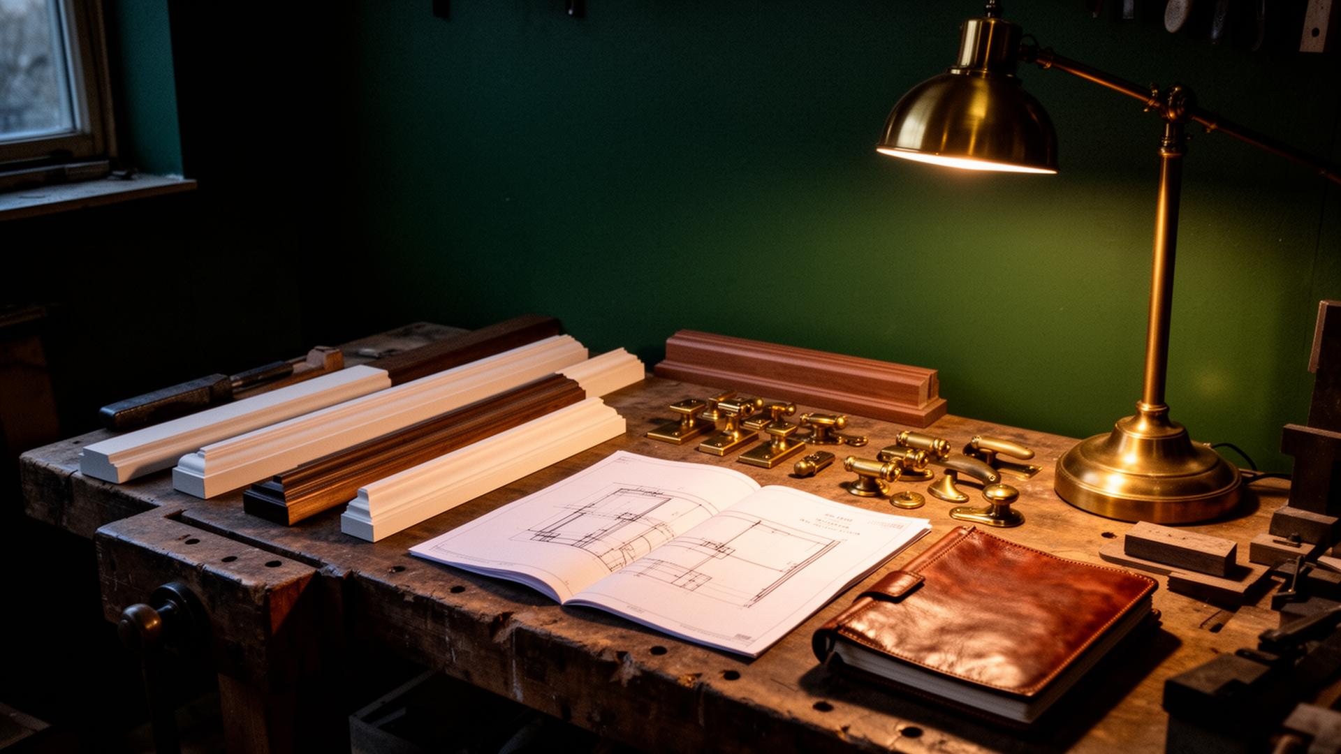 Houston repair workshop with trim moulding, brass hardware and warm lamp light