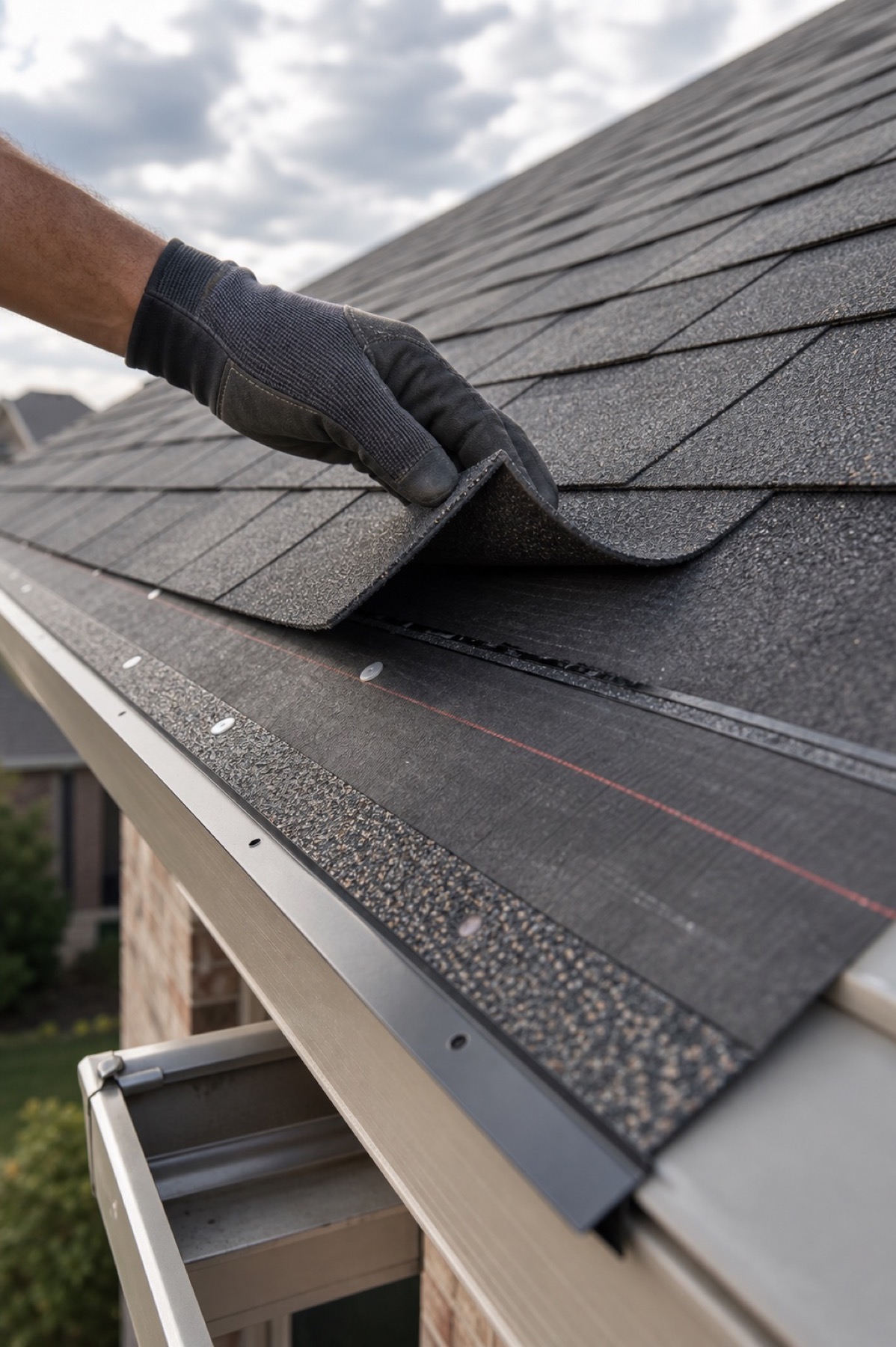 A brick chimney rising above an angled asphalt roof at twilight, illustrating the kind of detail Palladium Roofing photographs for insurance documentation.