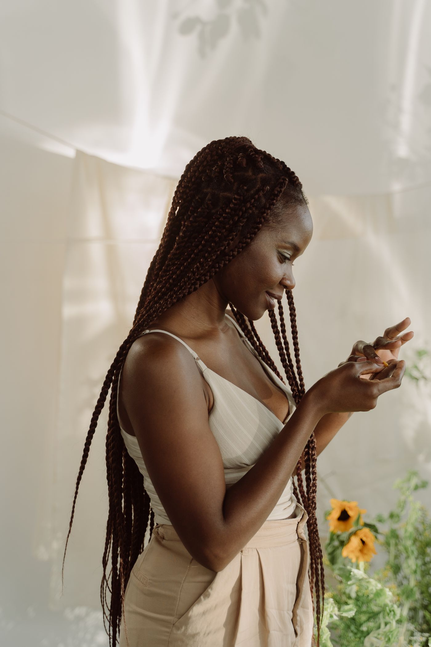 Long box braids in warm light