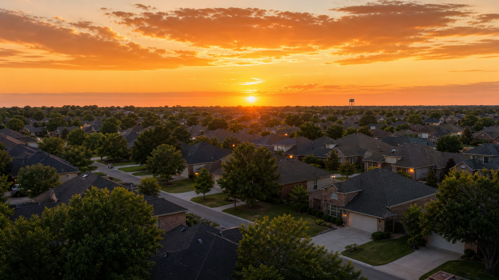 Aerial view of a Norman, Oklahoma neighborhood at sunset