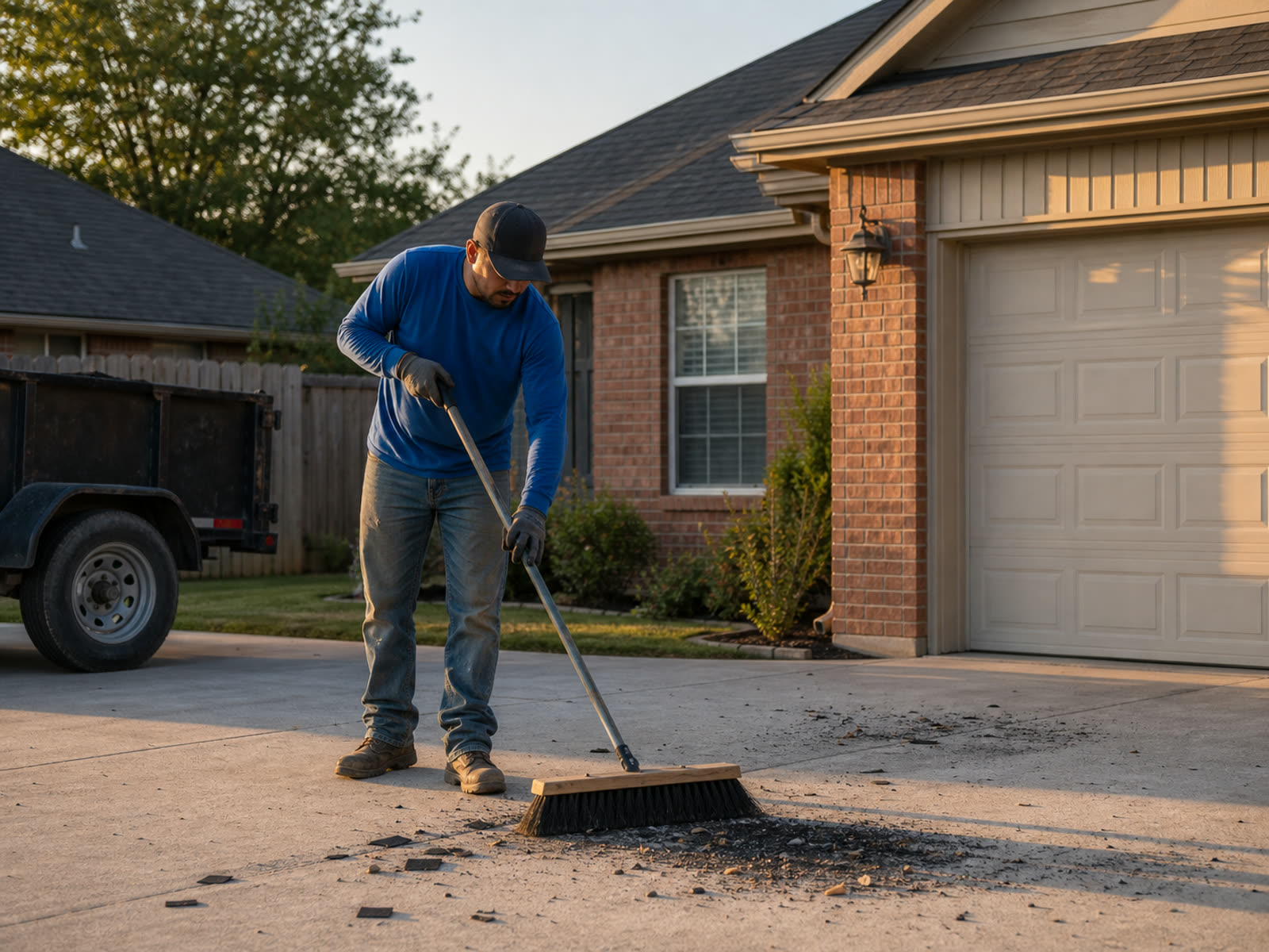 Crew member sweeping driveway clean at end of workday