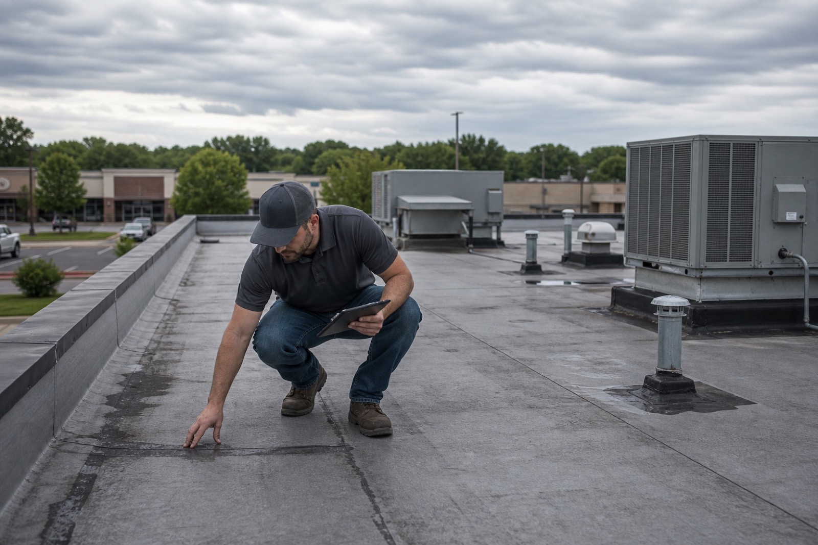 Commercial flat roof with TPO membrane and HVAC units