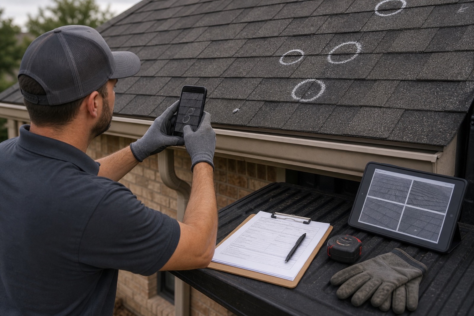 Roofer reviewing insurance paperwork on a clipboard