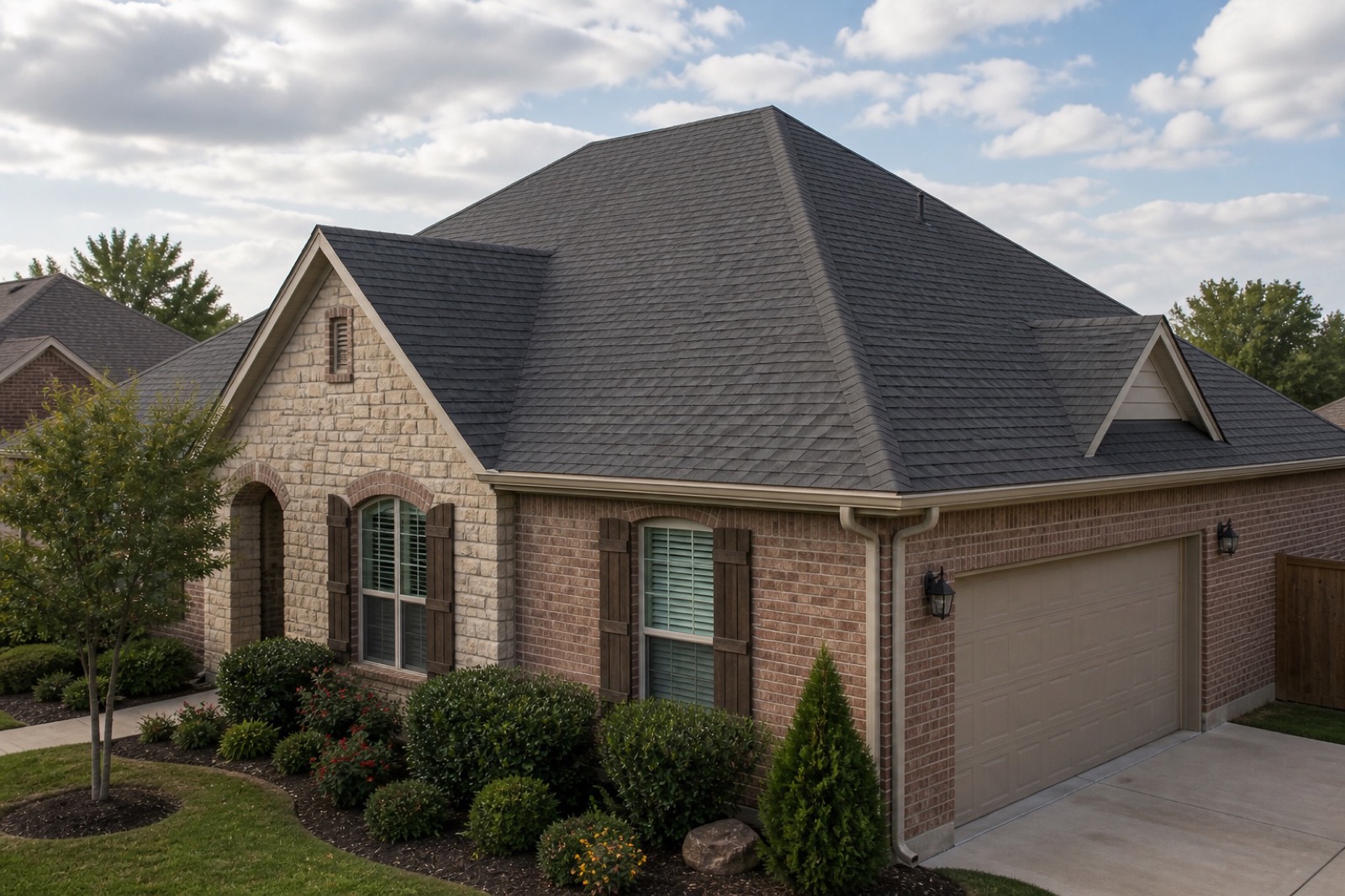 Newly replaced residential roof on a craftsman home