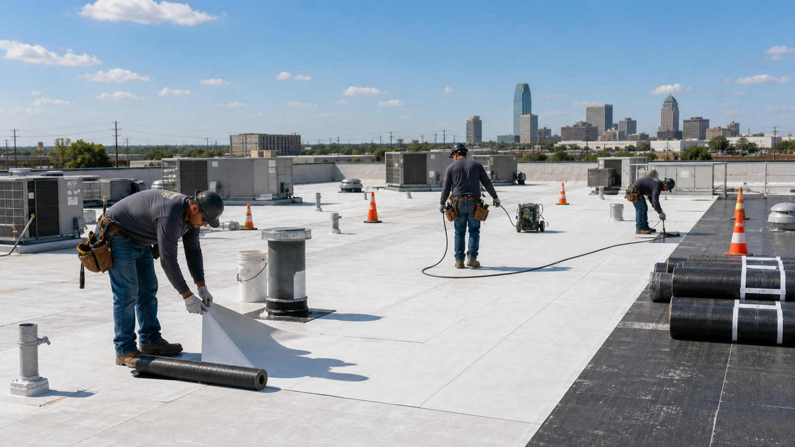 Super Roofs Inc commercial roofing crew working on a low-slope membrane roof in Oklahoma City