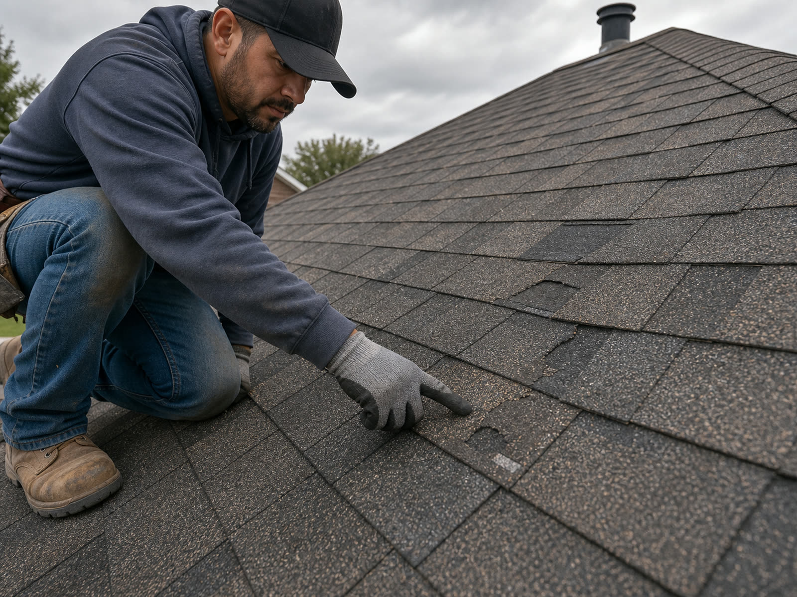 Roofer inspecting damaged shingles