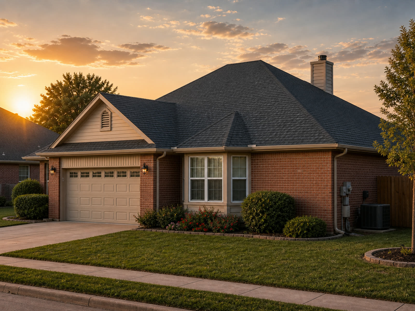 Finished home with new roof at sunset