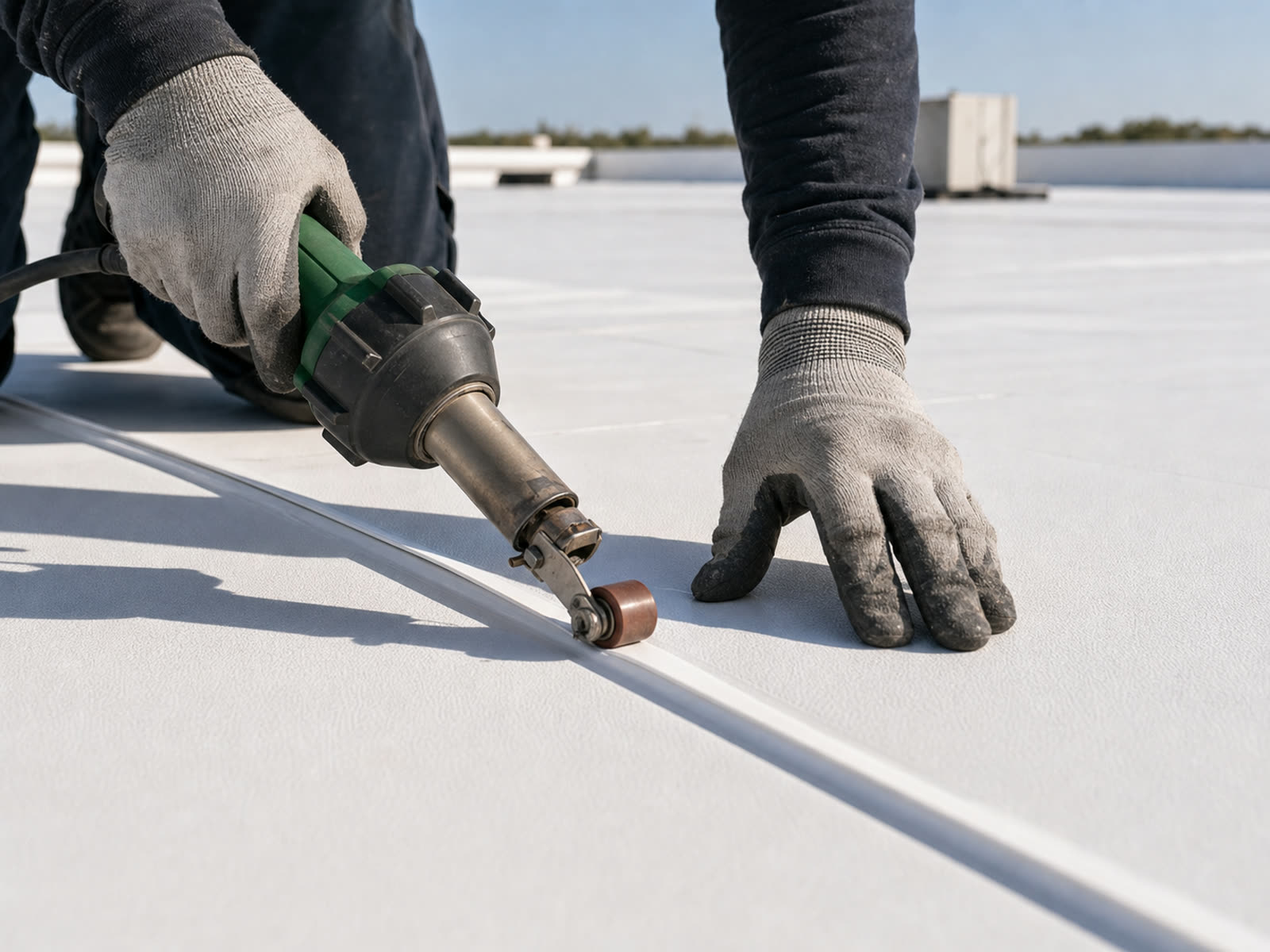 Commercial membrane roofing seam installation detail