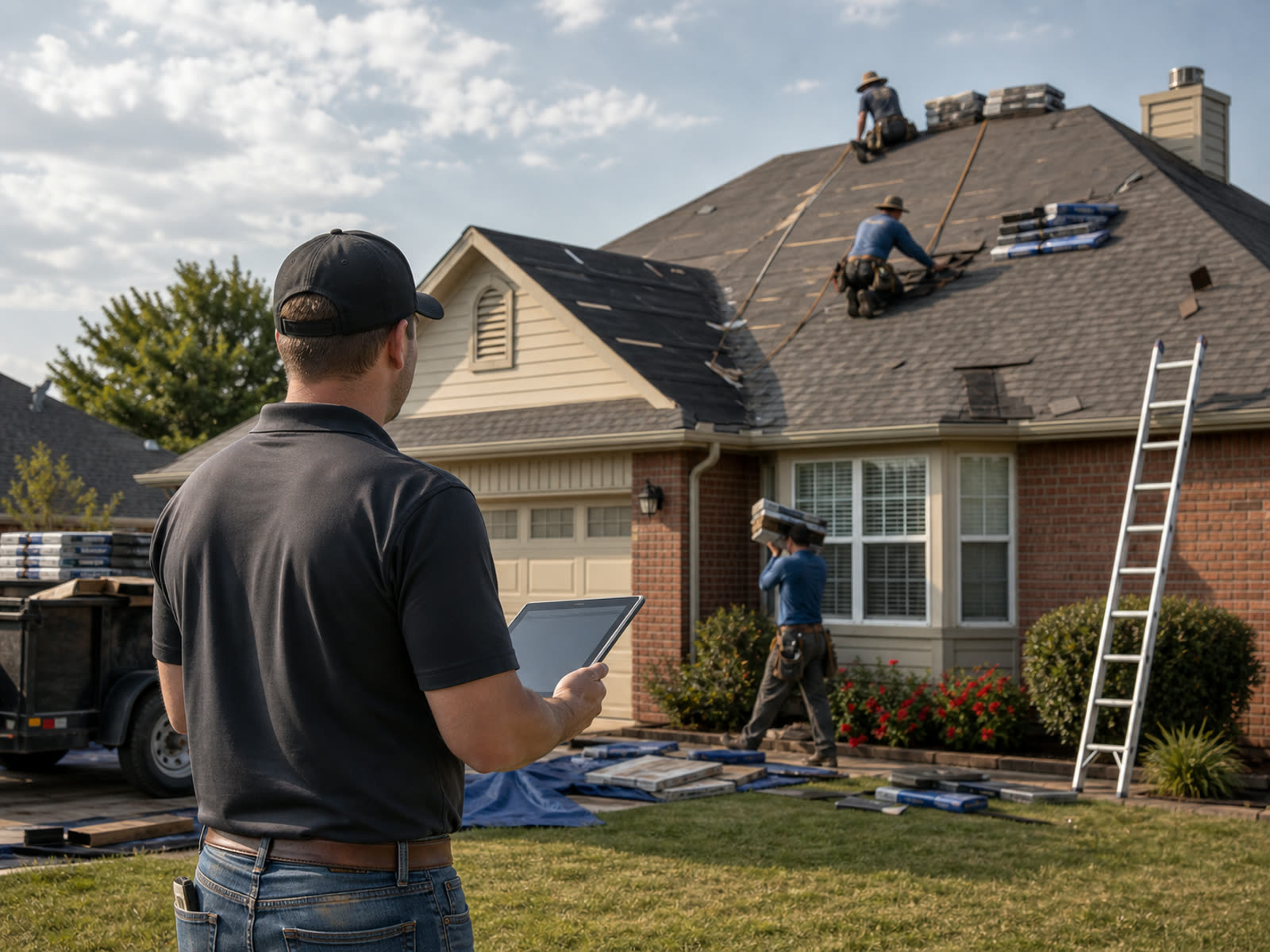 Production manager coordinating a roofing crew on site