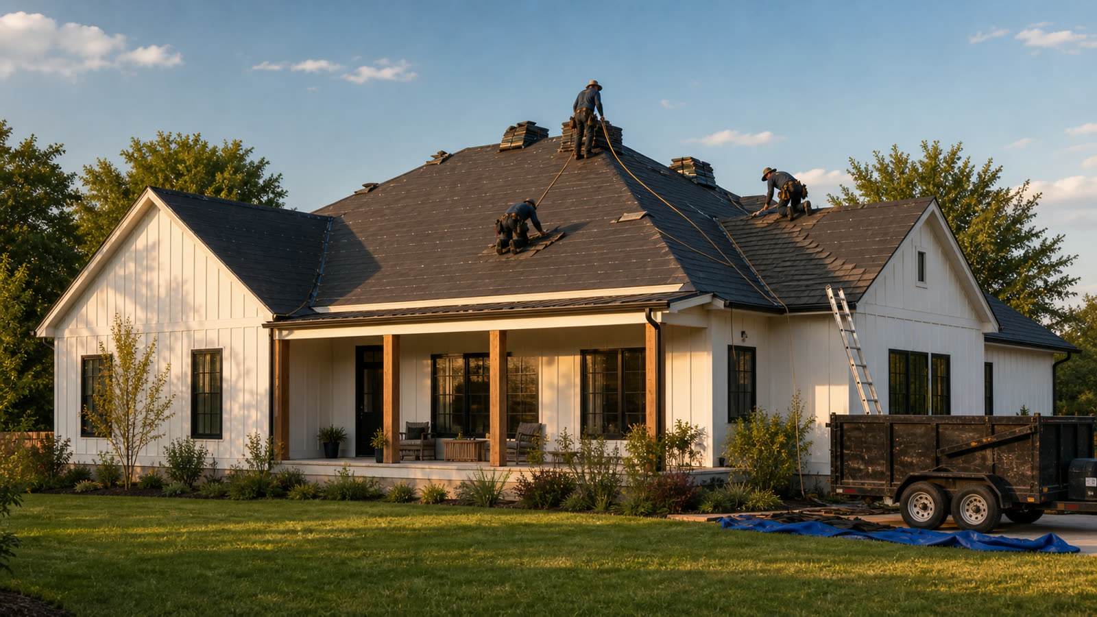 A SwiftCo roof replacement on a Norman home at golden hour