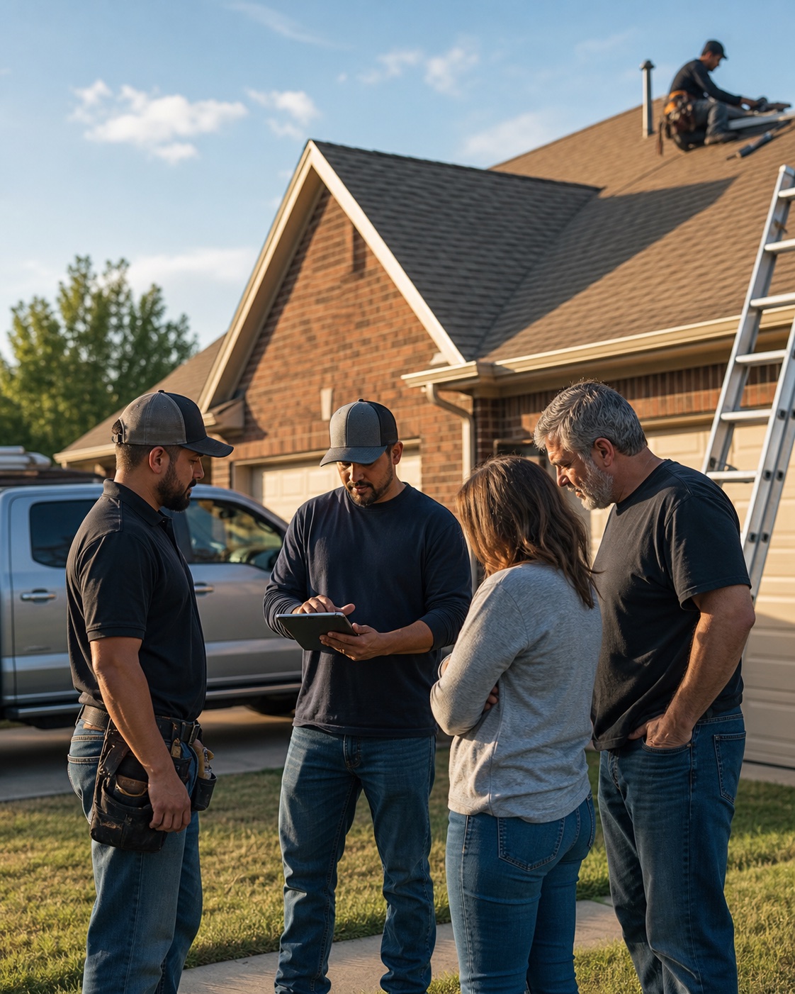 Thunder City Roofing crew speaking with a homeowner during an Edmond roof inspection