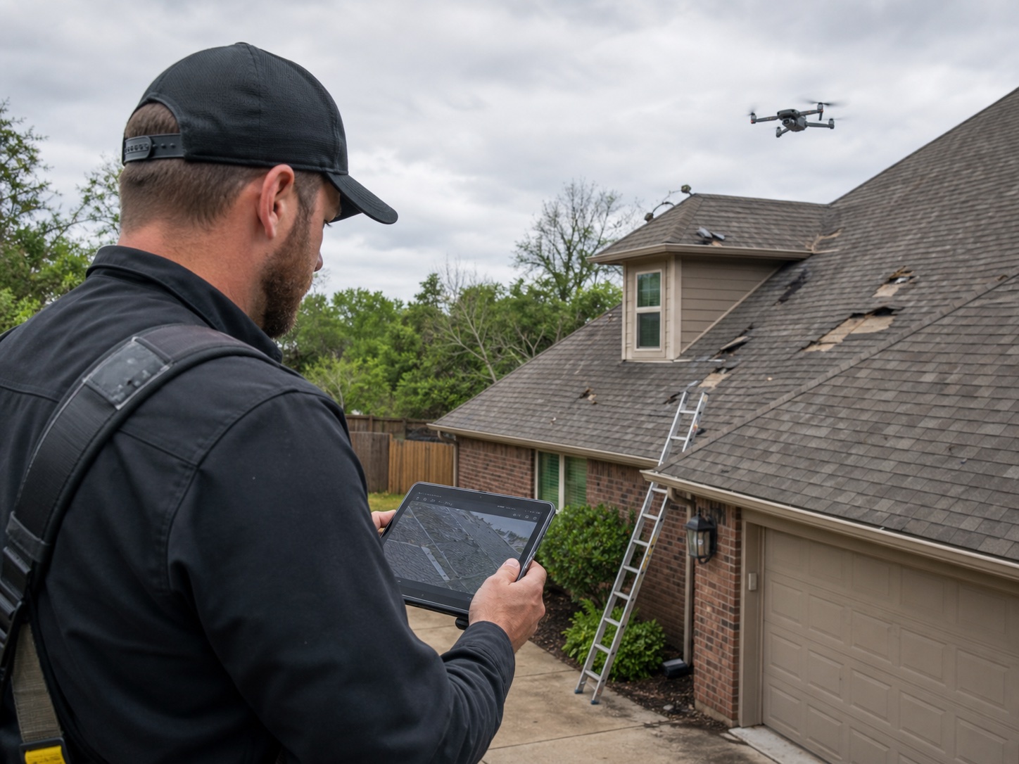 Roofer using a drone controller while inspecting an Oklahoma roof
