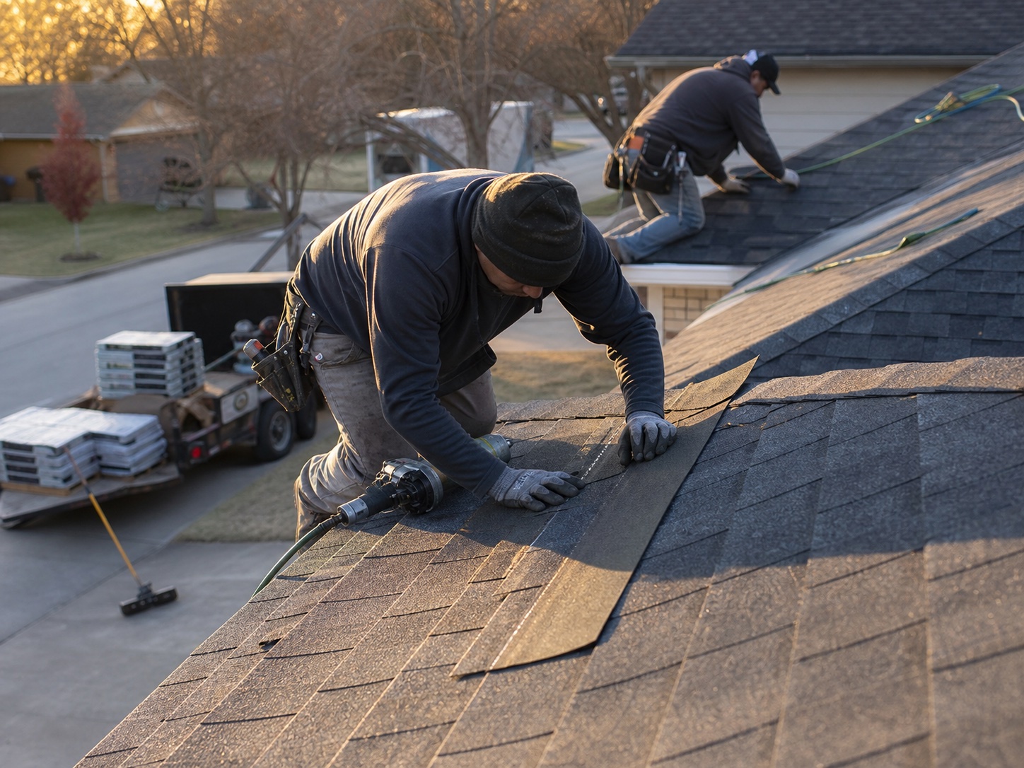 Roofing crew finishing a clean asphalt shingle installation