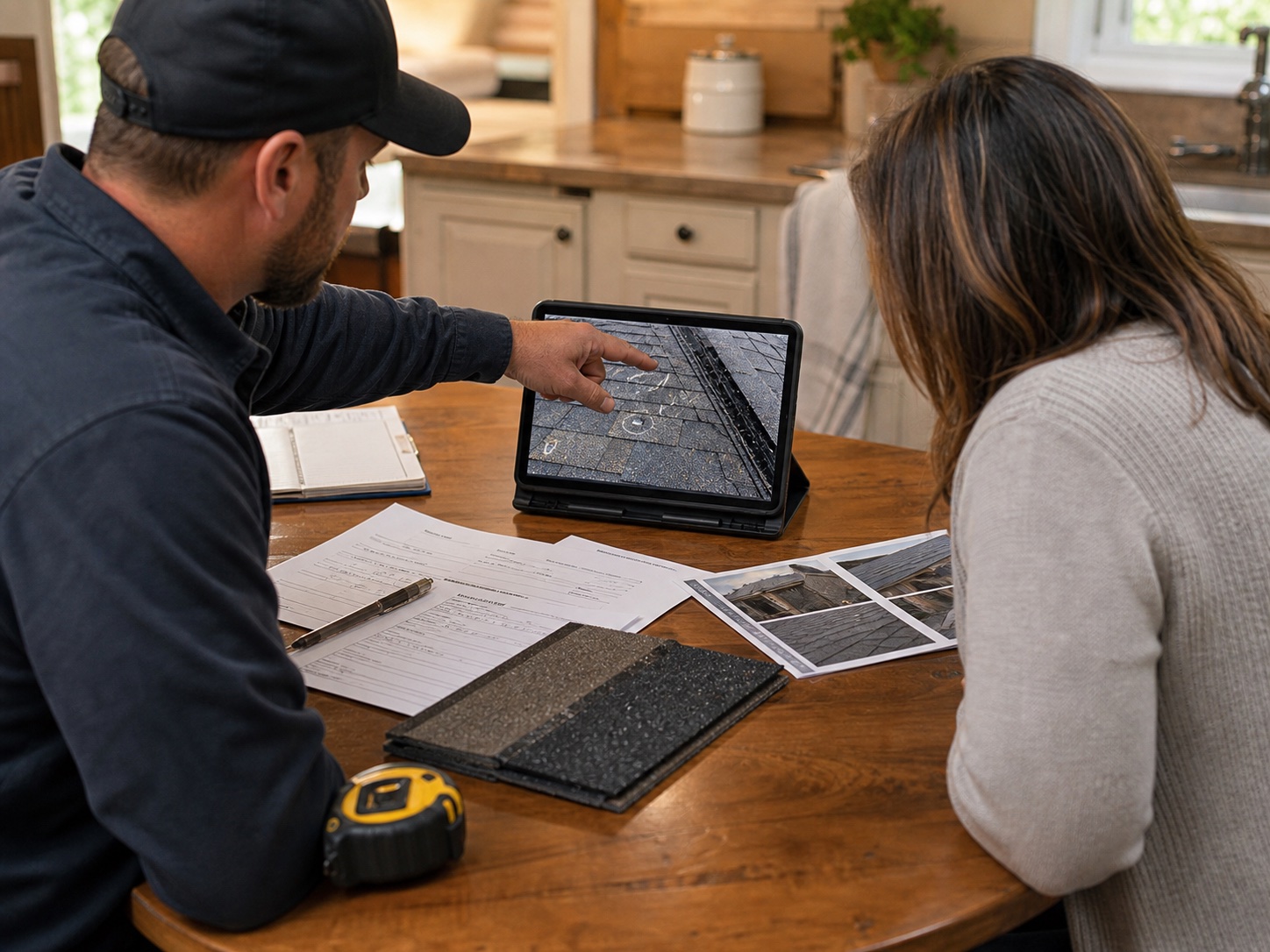 Roofing insurance paperwork and roof photos reviewed at a kitchen table