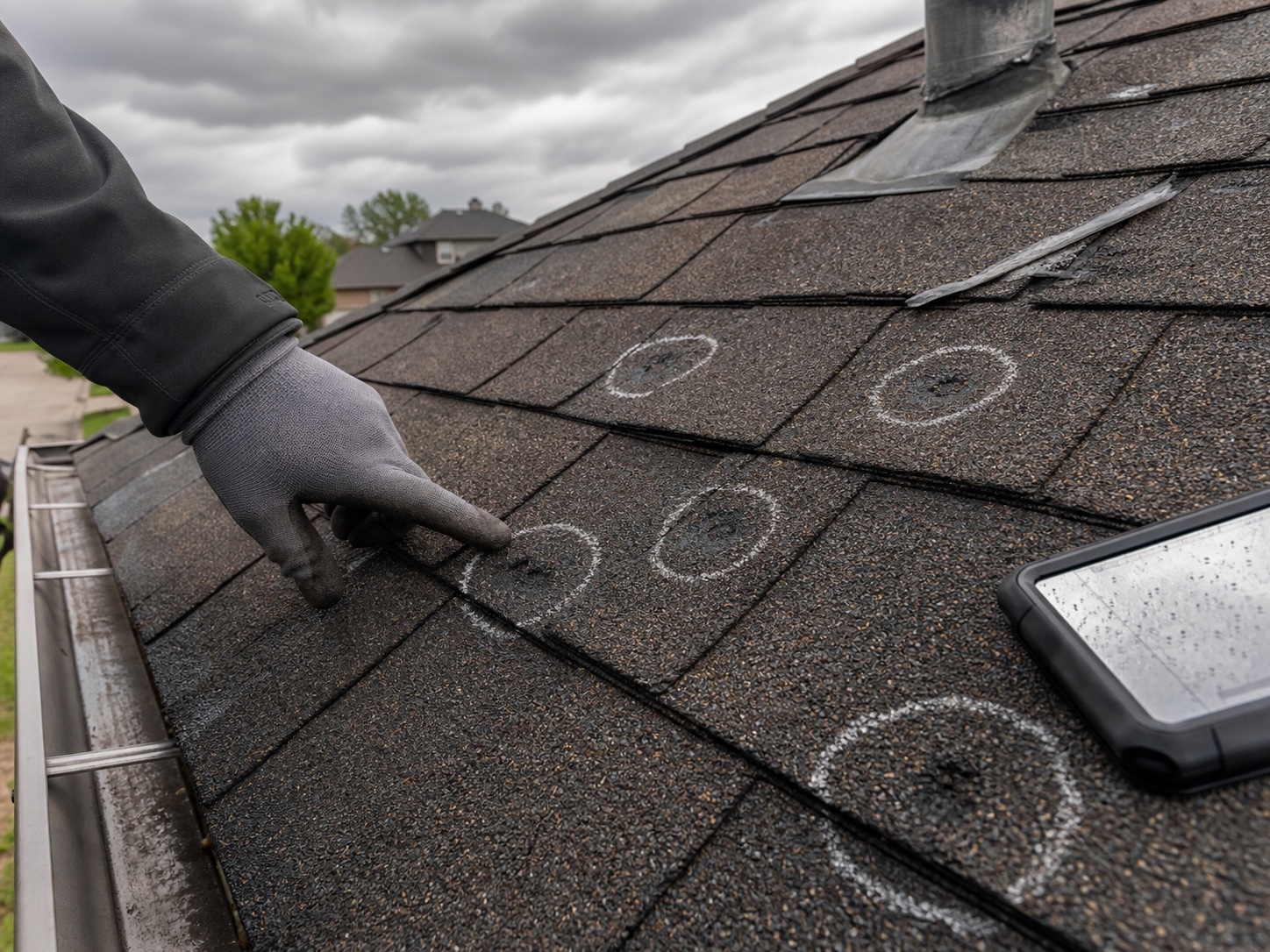 Gloved roofer documenting hail impact marks on asphalt shingles